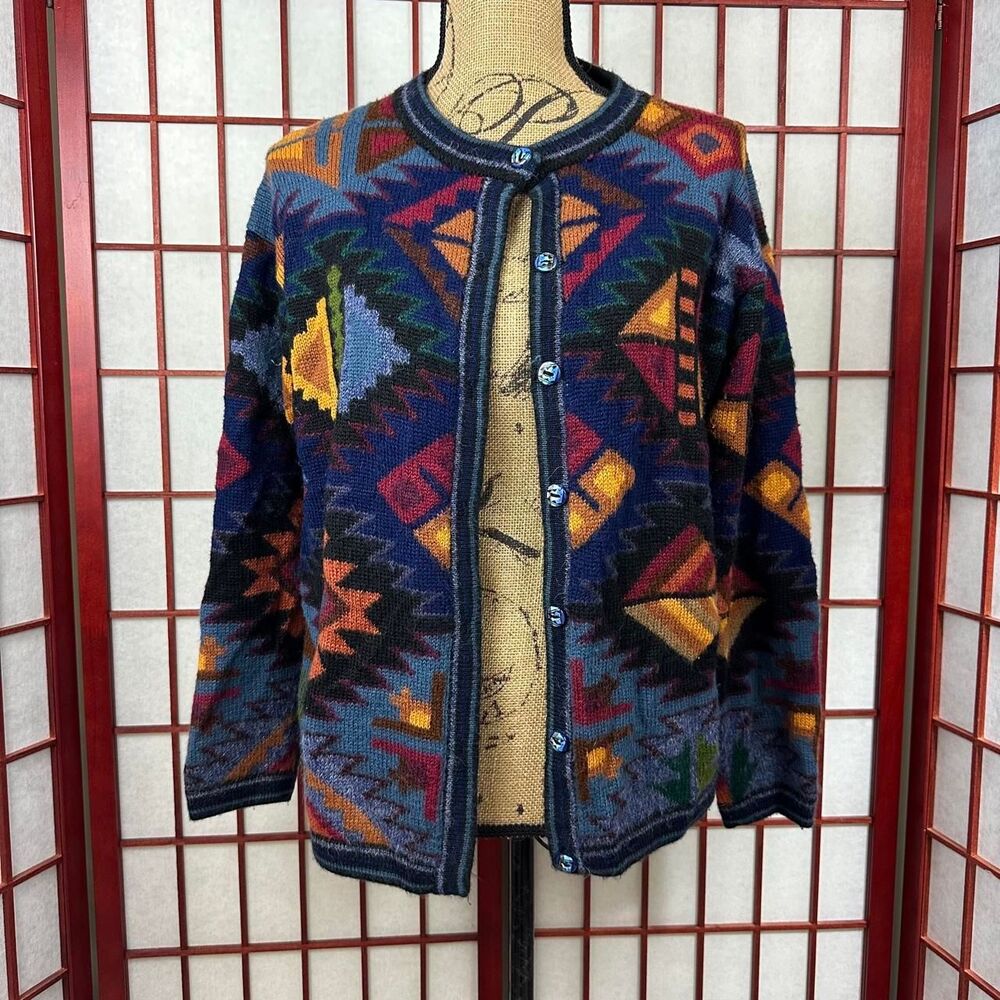 Peruvian Illary Baby Alpaca Aztec Abstract Multicolored Sweater Cardigan